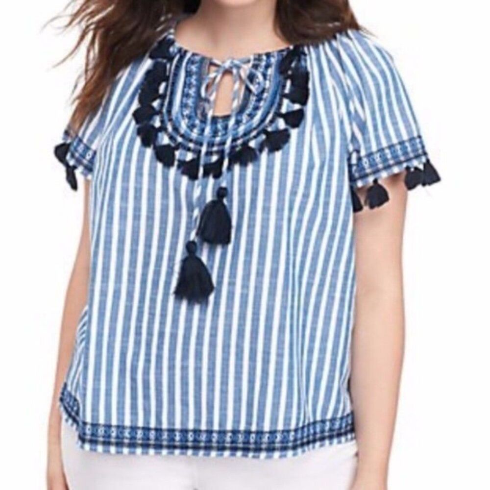 Crown & Ivy short sleeve top womens Embroidered Stripe Pom Pom Top medium